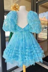 Blue Puff Sleeves Ruffles Babydoll Corset Homecoming Dress with Bow outfit, Bridesmaid Dresses Beach Wedding