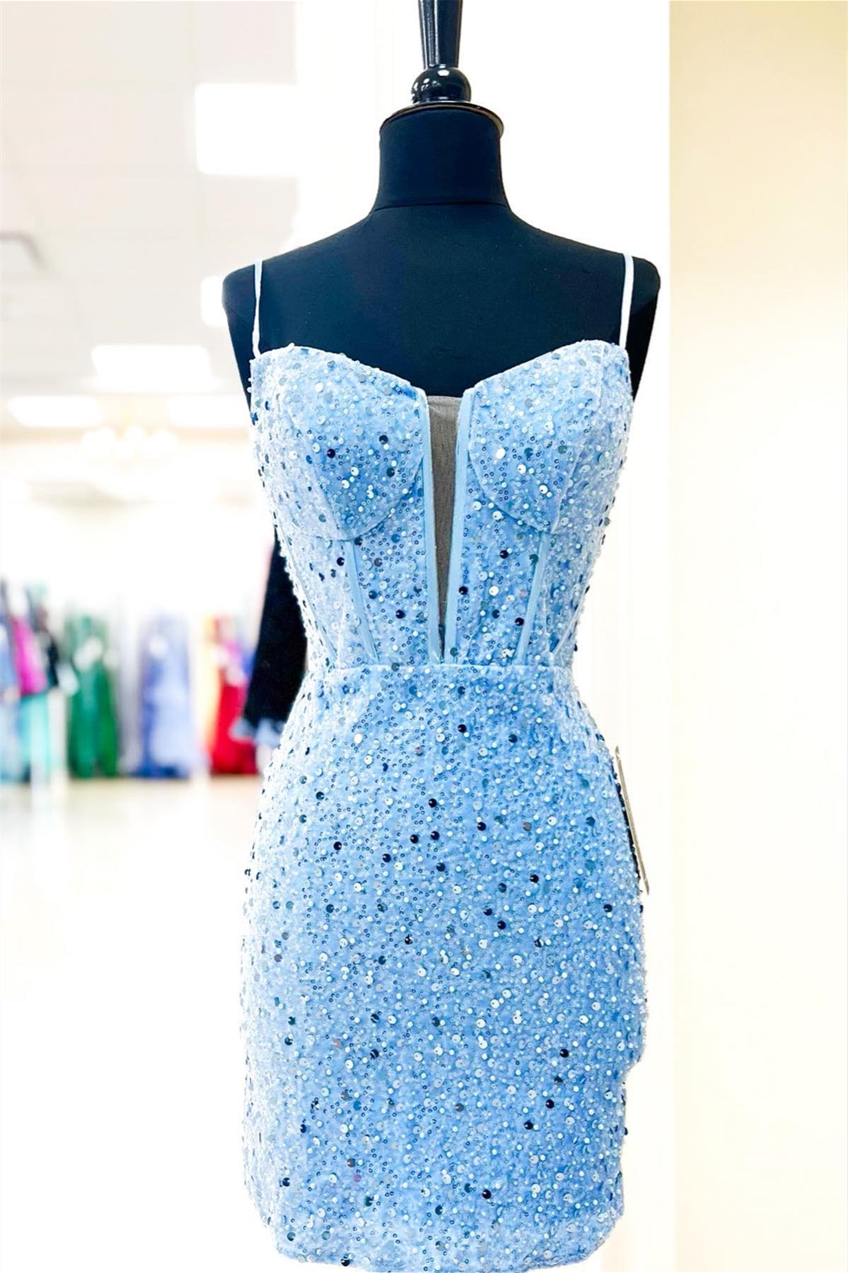 Light Blue Straps Sheath Beaded Sequined Corset Homecoming Dress outfit, Homecome Dresses Short Prom