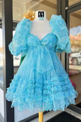 Blue Puff Sleeves Ruffles Babydoll Corset Homecoming Dress with Bow outfit, Bridesmaids Dresses Beach Wedding