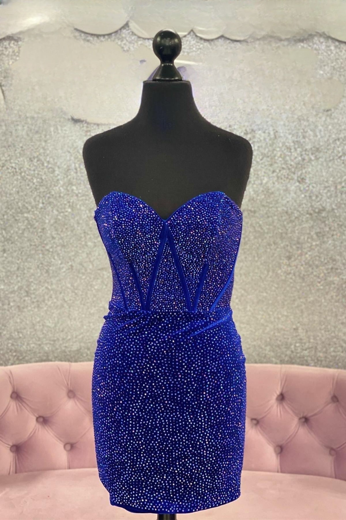Royal Blue Beaded Strapless Sheath Corset Homecoming Dress outfit, Party Dress Ladies
