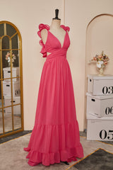 Rose Pink Ruffle Shoulder Plunging V Neck A-line Lace-Up Long Corset Prom Dress outfits, Party Dresses Styles