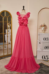 Rose Pink Ruffle Shoulder Plunging V Neck A-line Lace-Up Long Corset Prom Dress outfits, Party Dress Hair Style