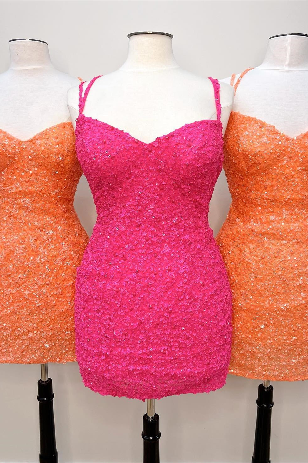 Orange Sequins Double Straps Sheath Corset Homecoming Dress outfit, Prom Dresses Blushes