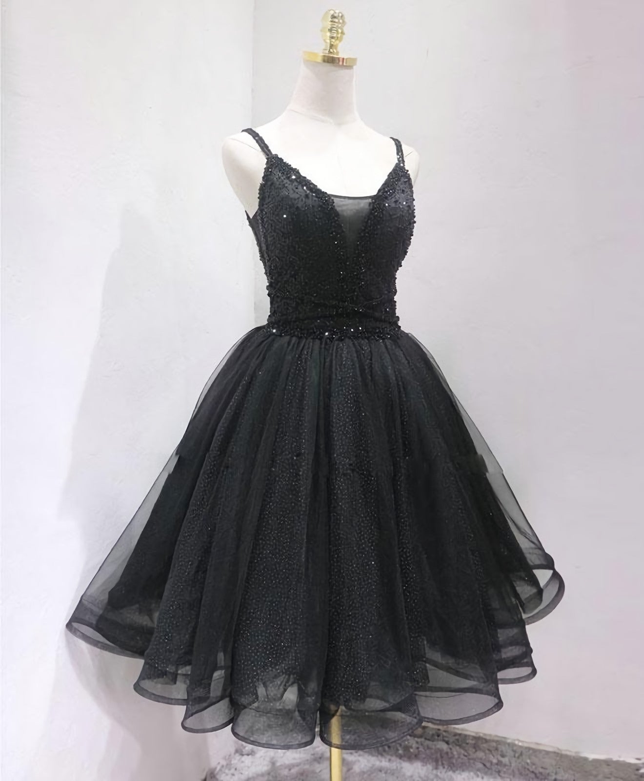 Black Tulle Beads Short Corset Prom Dress, Black Corset Homecoming Dress outfit, Homecoming Dress Black