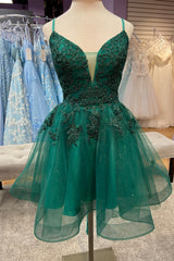 Hunter Green Plunging V Neck Straps Appliques Tulle Corset Homecoming Dress outfit, Senior Prom Dress