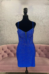 Royal Blue Beaded Sheath Deep V Neck Corset Homecoming Dress outfit, Party Dress And Gown