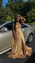 A Line V Neck Gold Corset Prom Dresses, Sleeveless Satin Long Corset Prom Dress outfits, A Line V Neck Gold Prom Dresses