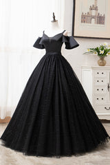 Black V-Neck Tulle Long Corset Prom Dresses, A-Line Black Evening Dresses outfit, Bridesmaids Dresses With Lace