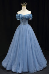 Blue Tulle Beaded Long Corset Prom Dress, Elegant A-Line Blue Evening Dress outfit, Party Dresses For Weddings