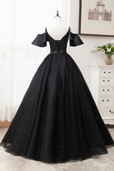 Black V-Neck Tulle Long Corset Prom Dresses, A-Line Black Evening Dresses outfit, Bridesmaid Dress White
