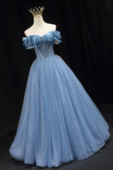 Blue Tulle Beaded Long Corset Prom Dress, Elegant A-Line Blue Evening Dress outfit, Party Dress Summer