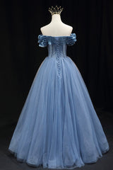 Blue Tulle Beaded Long Corset Prom Dress, Elegant A-Line Blue Evening Dress outfit, Party Dress Code