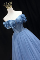 Blue Tulle Beaded Long Corset Prom Dress, Elegant A-Line Blue Evening Dress outfit, Party Dress Codes