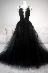 Black V-Neck Tulle Lace Long Corset Prom Dresses, Black A-Line Evening Dresses outfit, Bridesmaids Dress With Lace