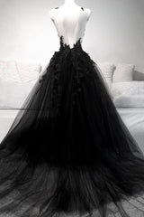 Black V-Neck Tulle Lace Long Corset Prom Dresses, Black A-Line Evening Dresses outfit, Bridesmaid Dress With Lace