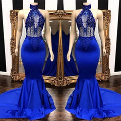 2024 High Neck Beaded Mermaid Royal Blue Corset Prom Dresses outfit, Bridesmaid Dress Different Styles