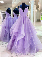 Purple V Neck Sleeveless A Line Tulle Sequin Corset Prom Dresses outfit, Party Dress Dress Up