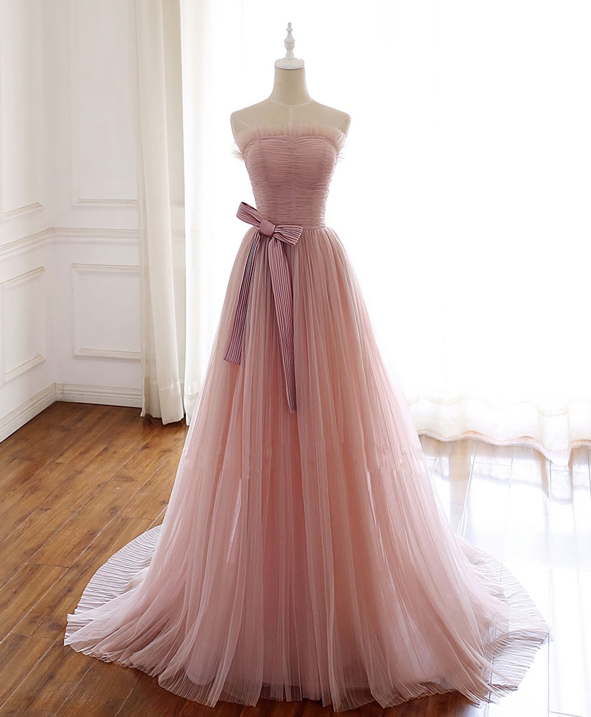 Simple Pink Tulle Long Corset Prom Dress, Pink Tulle Corset Formal Dress, 1 Gowns, Homecoming Dress Chiffon