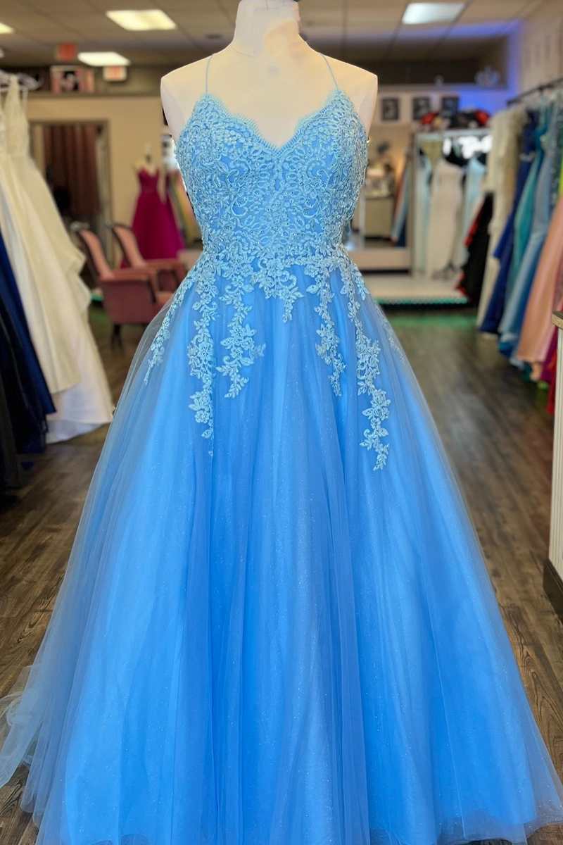 Blue Tulle Appliques Lace-Up Back A-Line Corset Prom Dress outfits, Bridesmaid Dress Winter