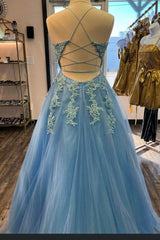 Blue Tulle Appliques Lace-Up Back A-Line Corset Prom Dress outfits, Bridesmaids Dresses Winter