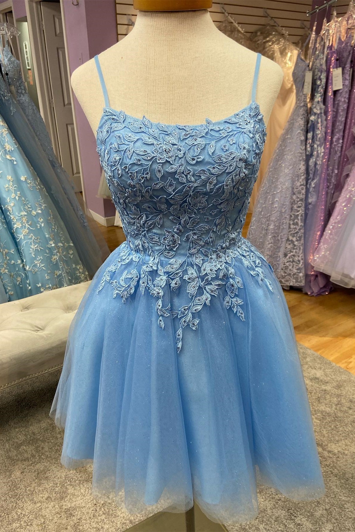 Light Blue Appliques Straps Tulle Corset Homecoming Dress outfit, Homecoming Dress Long