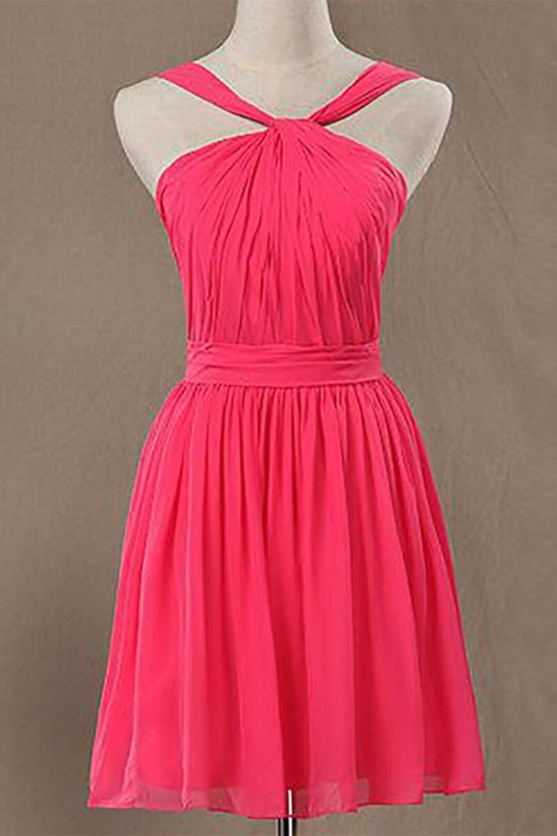 Neon Pink Halter Knee Length Corset Bridesmaid Dress outfit, Prom Dresses2036