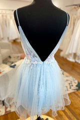 Light Blue Tulle Open Back A-Line Short Party Dress Outfits, Homecoming Dresses Simple