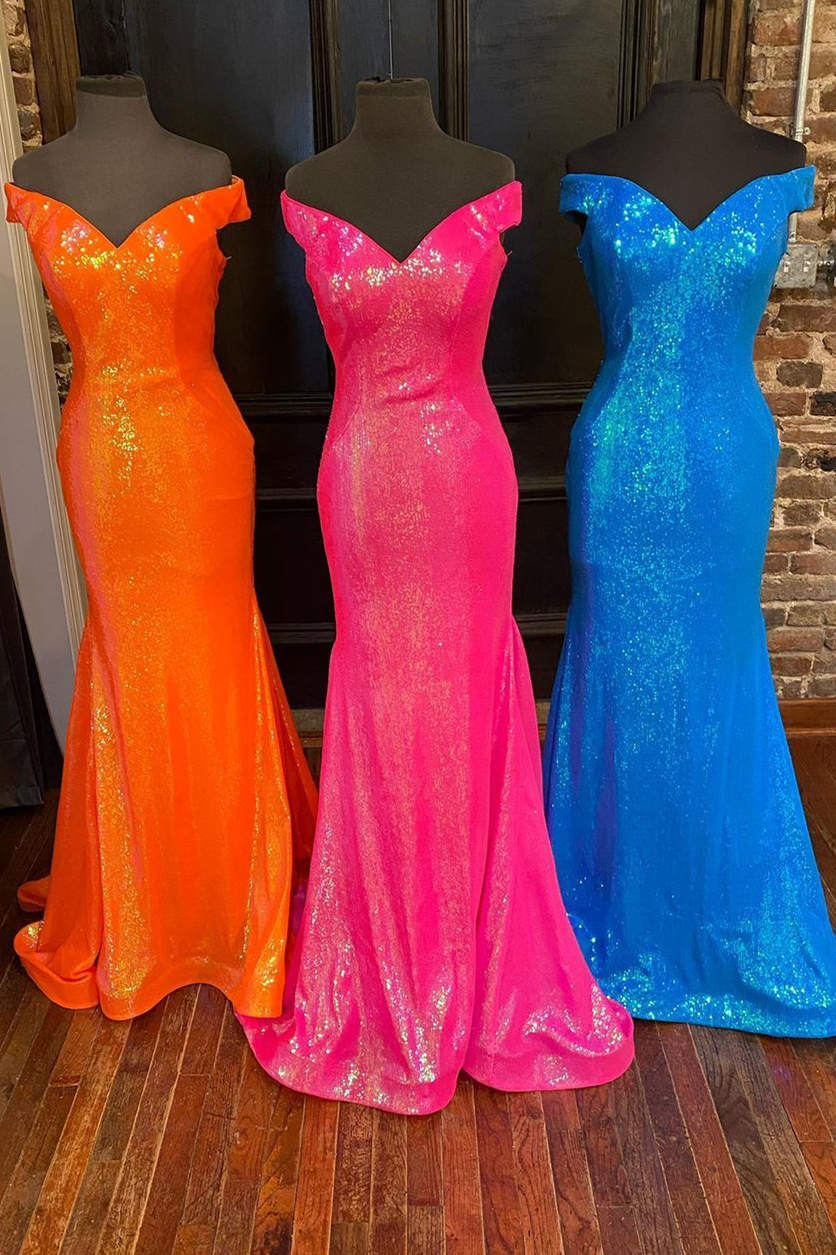 Off the Shoulder Orange Mermaid Long Corset Prom Dress outfits, Bridesmaids Dress Modest