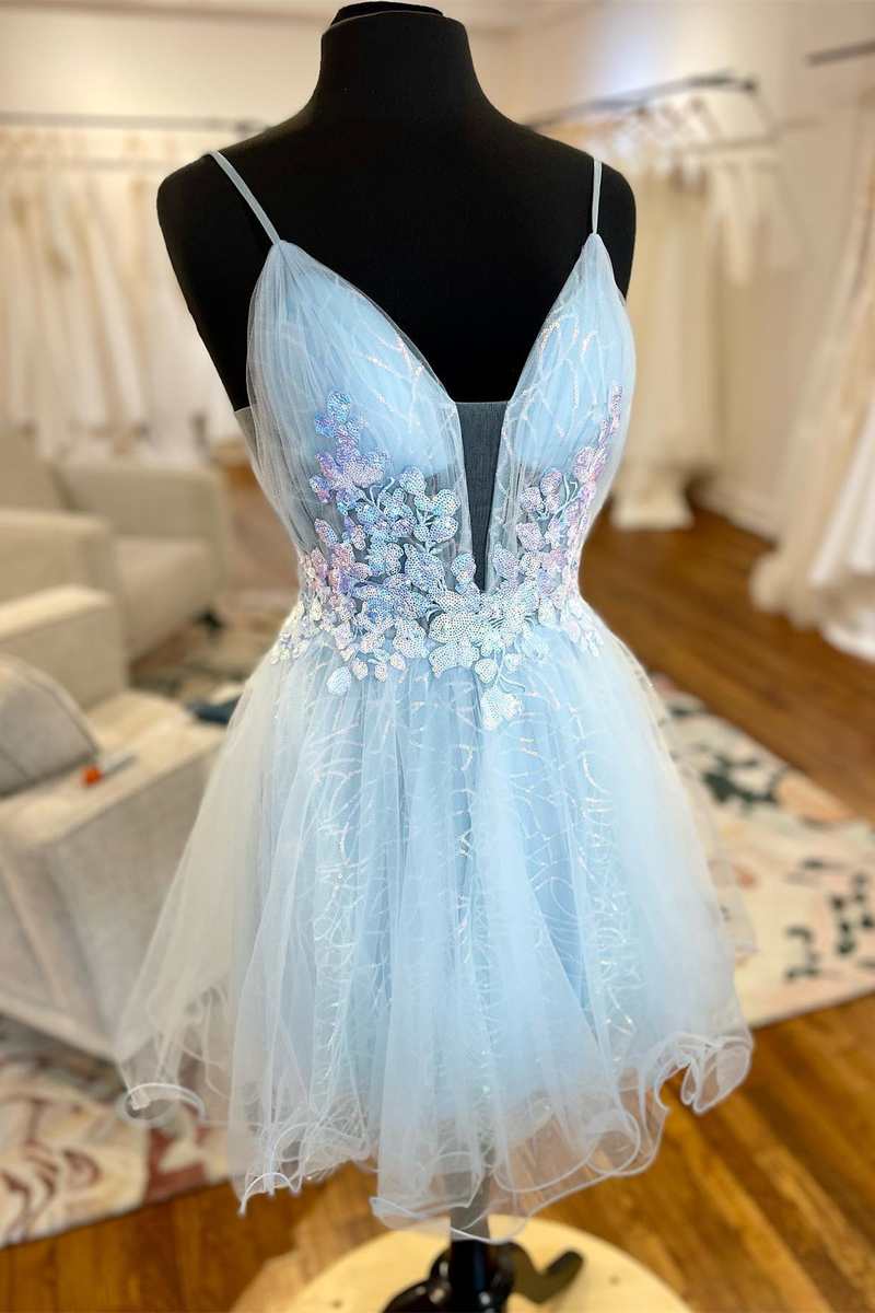 Light Blue Tulle Open Back A-Line Short Party Dress Outfits, Homecoming Dress Simple