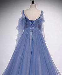 Blue Tulle Sweetheart Long Corset Prom Dress, Blue Tulle Corset Formal Dress outfit, Prom Dresses Affordable