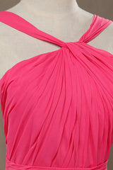 Neon Pink Halter Knee Length Corset Bridesmaid Dress outfit, Prom Dresses Long Elegant
