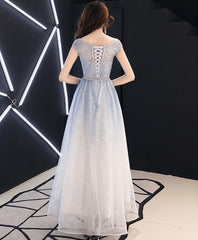 Blue Round Neck Tulle Long Corset Prom Dress, Blue Tulle Evening Dress outfit, Prom Dress Elegent