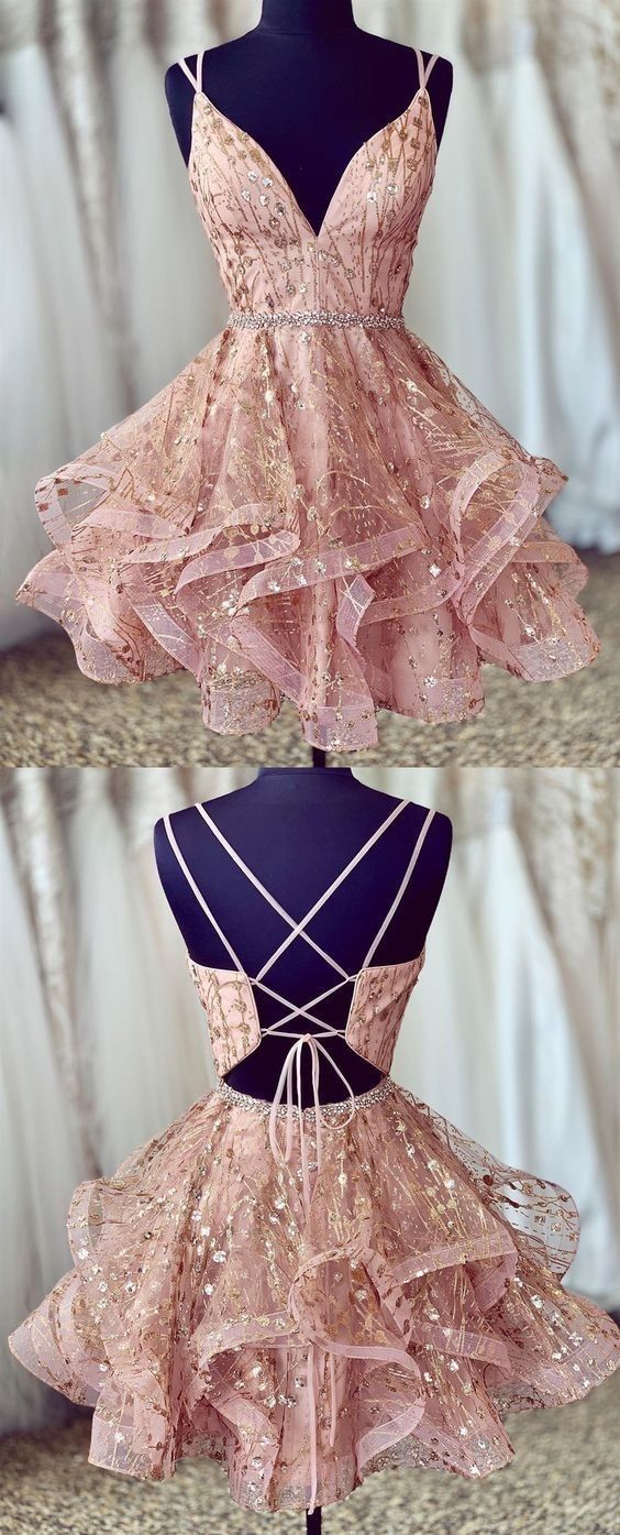 pink straps short Corset Homecoming dresses Corset Prom gown waist with beaded outfit, Party Dress Ideas
