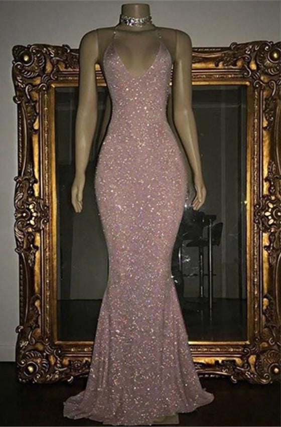 2024 Pink Halter Sequins Corset Prom Dresses outfit, Prom Dress Long