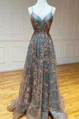A-line Tulle Straps Sequins Lace Corset Prom Dress Split Evening Dress outfit, Prom Dresses Dress
