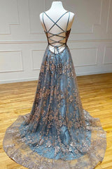 A-line Tulle Straps Sequins Lace Corset Prom Dress Split Evening Dress outfit, Prom Dresses Corset