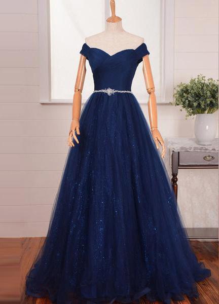 2024 Blue Floor-Length/Long A-Line/Princess Off-the-Shoulder Beading Tulle Corset Prom Dresses outfit, Bridesmaid Dress By Color