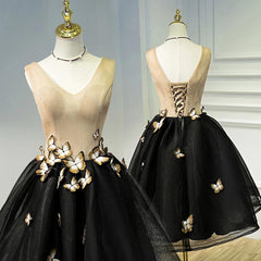 A Line Black V Neck Lace Up Corset Homecoming Dresses, Sleeveless Corset Prom Dress With Butterfly Gowns, Sparklie Dress