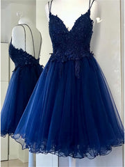 A Line Dual Strapped Royal Blue V Neck Short Corset Prom Dress With Beads Appliques Gowns, Cute Summer Dress