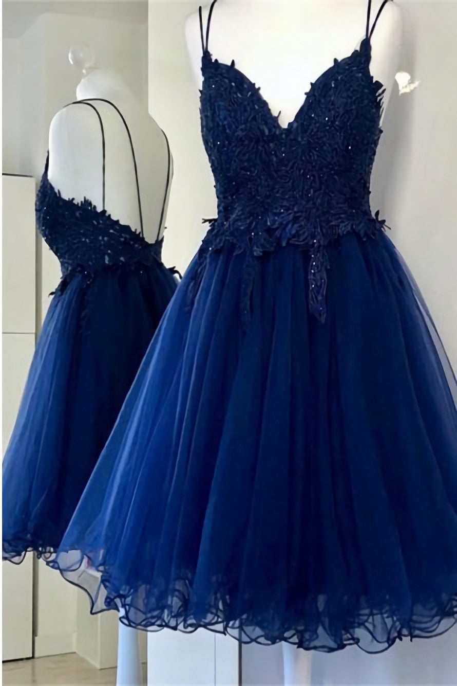 A Line Dual Strapped Royal Blue V Neck Short Corset Prom Dress With Beads Appliques Gowns, Prom Ideas