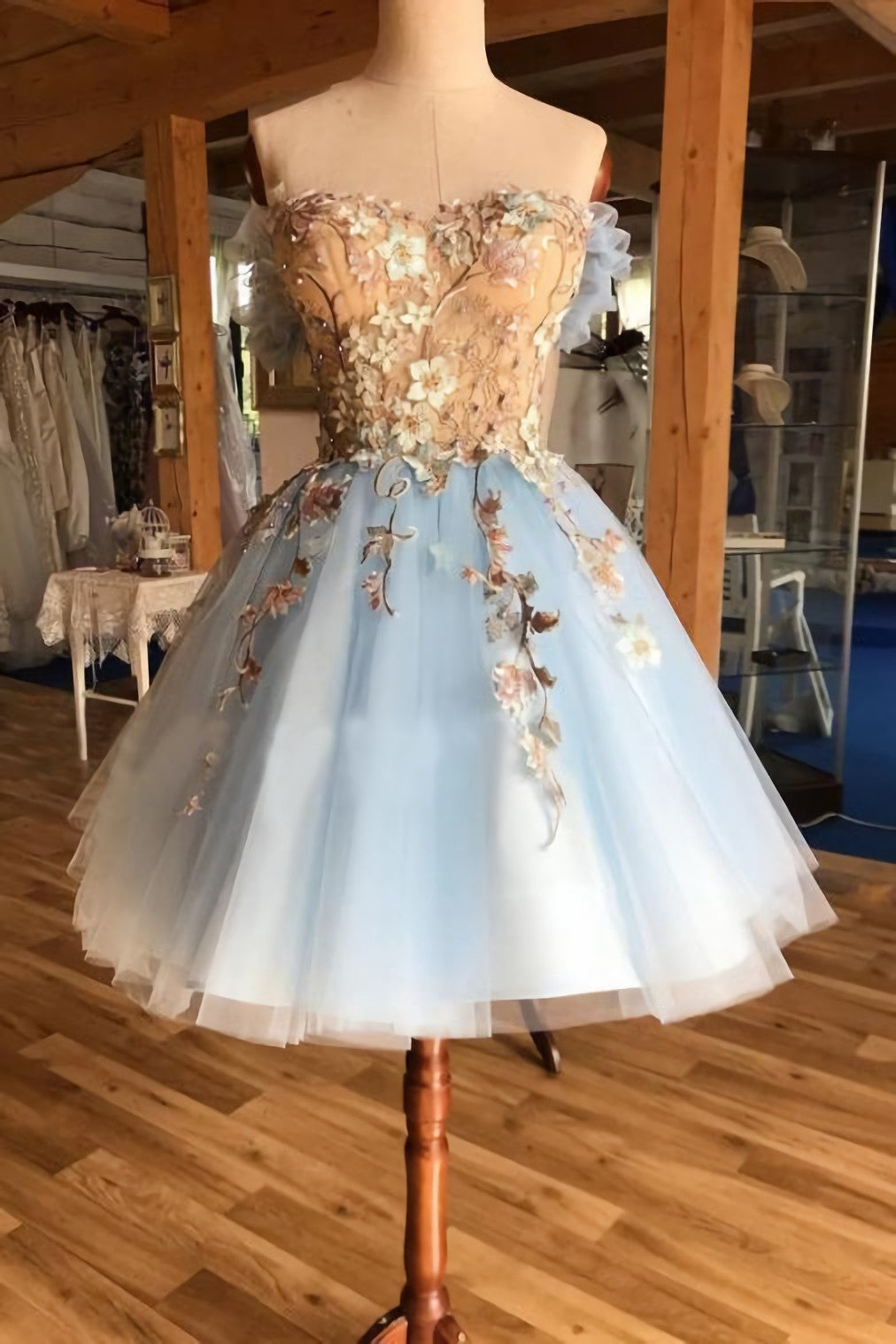 A Line Light Blue Off The Shoulder Above Knee Corset Homecoming Corset Prom Dress, With Appliques Gowns, Flowy Prom Dress