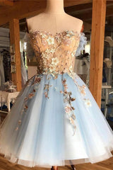 A Line Light Blue Off The Shoulder Above Knee Corset Homecoming Corset Prom Dress, With Appliques Gowns, Dream Dress