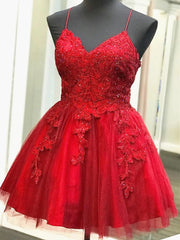 A Line V Neck Short Backless Red Lace Corset Prom Dresses outfit, Party Dress Pattern Free