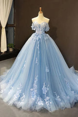 Light Sky Blue Off The Shoulder Corset Ball Gown Tulle Corset Prom Dress With Applique Gowns, Party Dress Baby
