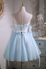 Cute Sky Blue Beading Bowknot Short Princess Corset Homecoming Dresses outfit, Bridesmaid Dresses Summer Wedding