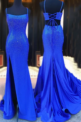 Beaded Mermaid Royal Blue Slit Long Corset Prom Dress outfits, Floral Dress