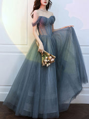 Beautiful Grey Blue Tulle Sweetheart Shiny Off Shoulder Corset Prom Dress, A Line Party Dress Outfits, Formal Dresses Simple