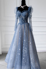 Blue Sparkly Tulle Corset Prom Dress with Long Sleeves, New Style Long Dress with Beading outfit, Bodycon Dress
