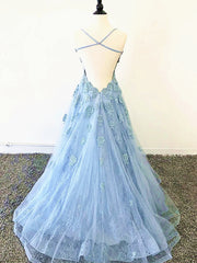 Blue Backless Lace Corset Prom Dresses, Open Back Blue Lace Corset Formal Evening Graduation Dresses outfit, Prom Dress Simple