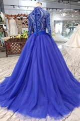 Blue Long Sleeves V Neck Tulle Corset Prom Dresses with Beading outfit, Bridesmaids Dresses Long Sleeves
